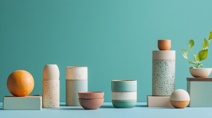 Modern ceramic vessels and decor against a teal background