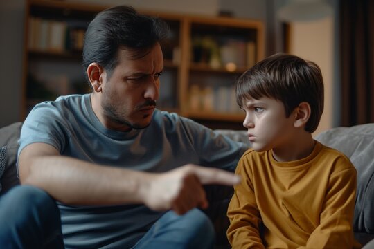 Father sternly addressing his son during an important conversation at home in the evening hours