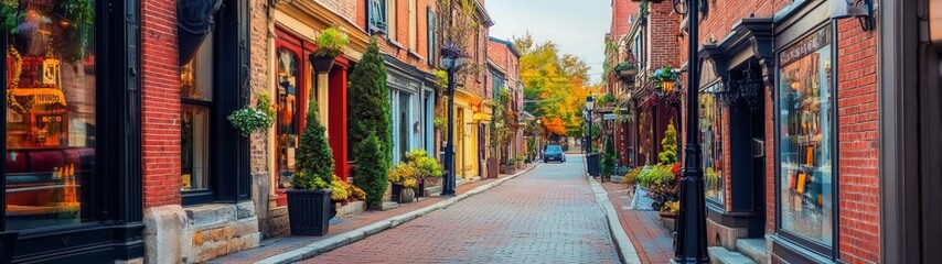 Fototapeta premium Charming Historic Street, a picturesque scene of vibrant brick buildings and colorful storefronts, inviting leisurely strolls and cultural discovery in a quaint neighborhood.