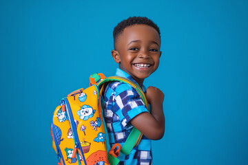 Smiling african american boy adjusting backpack straps, colorful school supplies.