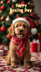 Heartwarming Boxing Day banner featuring a puppy with festive decorations and space for text.