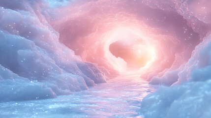 Fototapeta premium Ethereal pink and blue clouds create a serene path leading to a glowing heart at sunset. Generative AI