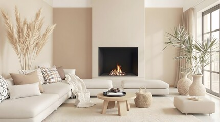 Modern Living Room with Fireplace: Minimalist Interior Design with Cozy Fireplace and Neutral Decor.