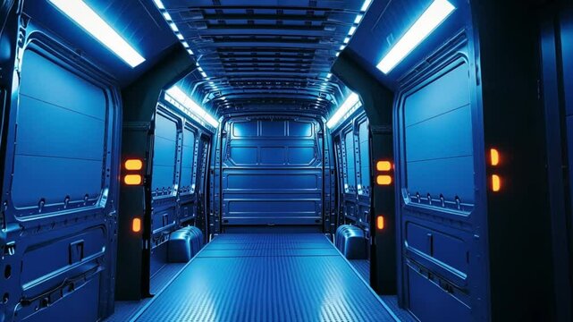 The back of a van is illuminated with blue LED lights, creating a futuristic, minimalist aesthetic.