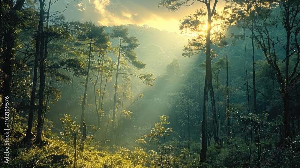Poster a landscape of a forest with nice trees.