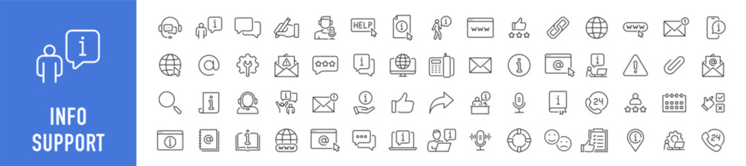Fototapeta premium Info and Support web icons in line style. Assistant, Information, support, online help, info center, manual, instruction, rules, instruction, rules, collection. Vector illustration.