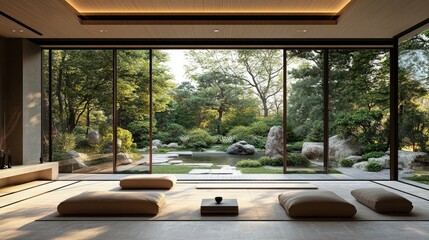 Fototapeta premium Room for meditation, with huge windows, yoga cushions on the floor and beautiful zen garden outside 