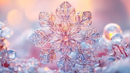 Elegant holographic snowflake in soft pastel hues highlighting winter theme isolated on white