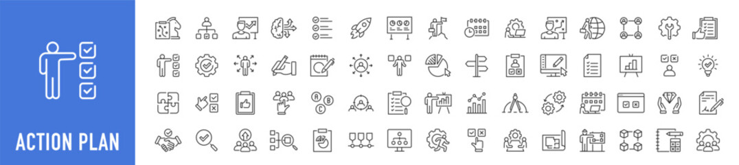 Action plan web icon set in line style. Schedule, plan, implementation, strategy, analysis, collaboration, check, collection. Vector illustration.