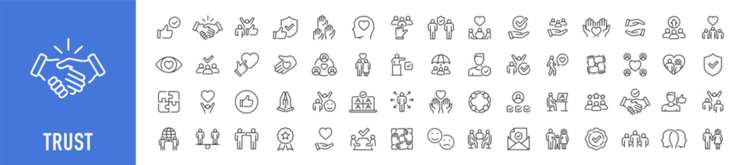 Obraz premium Trust web icons in line style. Integrity, confidence, reliability, credibility, empathy, friends collection. Vector illustration.
