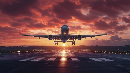 Passenger airplane landing on runway at sunset with vibrant red and orange clouds in the background