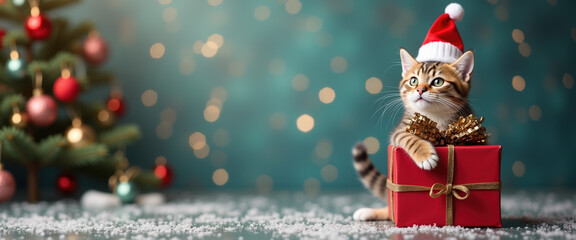 Cute cat wearing a Santa hat, joyfully sitting next to a wrapped gift, perfect for Christmas greeting cards.