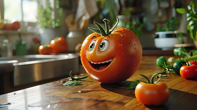 Cartoon mascot tomato smiling. Created with generative AI.	
