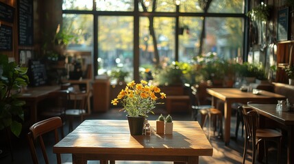 Fototapeta premium Warm and inviting atmosphere in a cozy cafe as sunlight streams through large windows, illuminating a wooden table with a bouquet of yellow flowers
