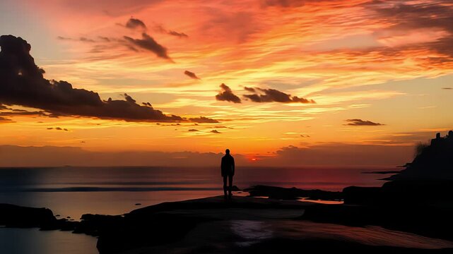 silhouette of a man on the beach at sunset.  Created with generative AI.	
