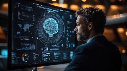 Analyzing holographic brain interface and global data on computer screen in modern office, businessman explores innovative technology and global connectivity
