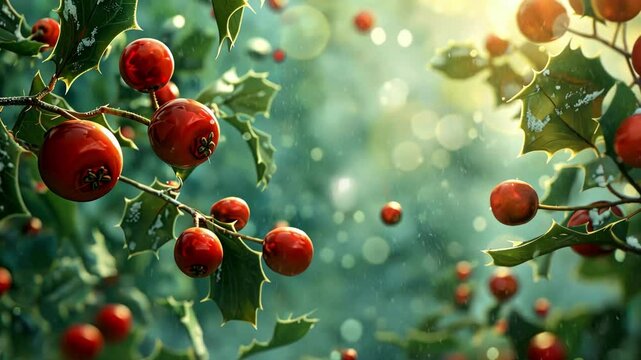 Festive holly berries and green leaves with snowflakes and sunlight