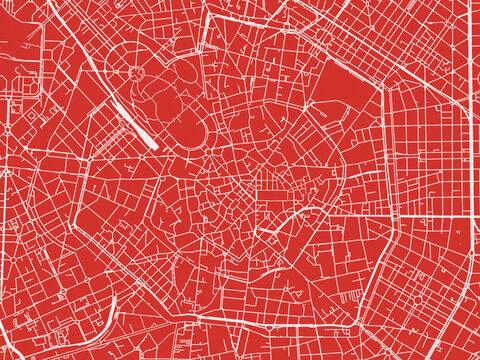 Christmas Map of Milan Cetro, Italy in Snowy White on Festive Red Background.