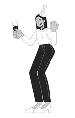 Middle eastern female employee toasting celebration black and white 2D line character. Arab woman office worker holding champagne glass isolated vector outline person. Monochromatic spot illustration