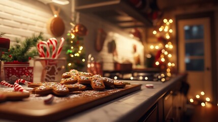 Obraz premium Preparing holiday treats in a festive kitchen, with gingerbread cookies, candy canes, and holiday-themed decorations. 4K hyperrealistic photo. 