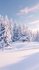 Fototapeta premium A magical winter landscape with a cabin covered in snow, serene, snowy