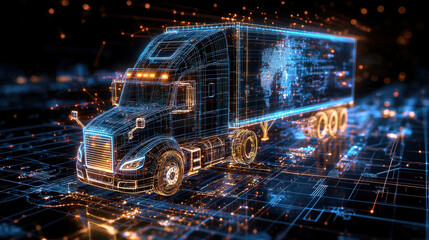 Obraz premium futuristic digital blueprint of truck with glowing lines and circuits