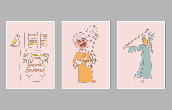 traditional Upper Egyptian life ,man playing music, and man performing a stick dance,creative freehand composition in contemporary abstract style with colorful geometric elements.
