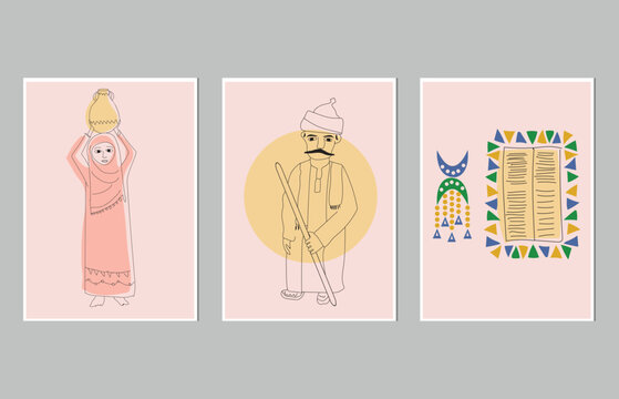 couple from Upper Egypt with traditional clothing,creative freehand composition in contemporary abstract style with colorful geometric elements. Tempura design for print, canvas, poster
