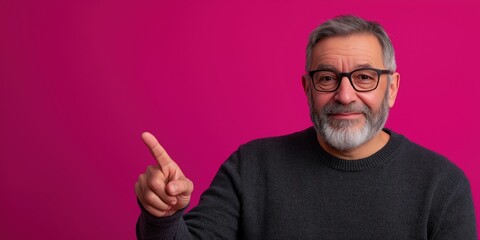 Naklejka premium A man smiling warmly as he points to the empty space, the background is a vibrant magenta,