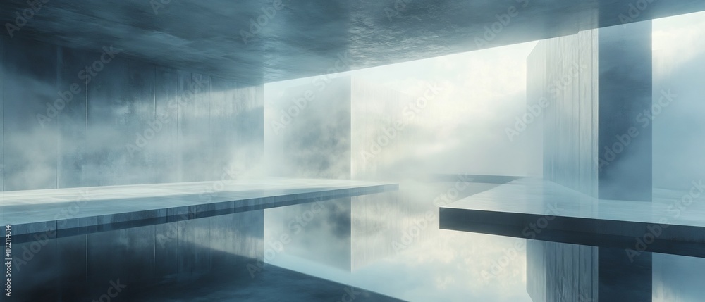 Poster ambiguous minimalist environment blending reality and abstract transitional forms in a serene contem