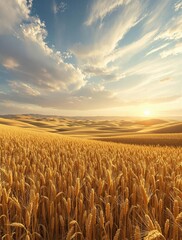 Naklejka premium Amber waves of grain field against panoramic sky view, serene, agriculture