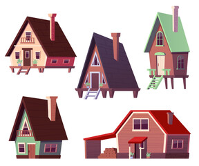 Vector illustration in cartoon style with a collection of wooden houses with a chimney, stairs