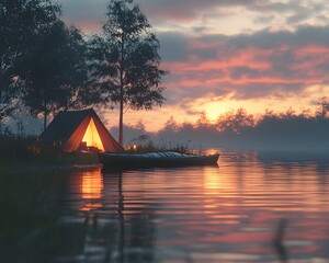 A peaceful riverside camp during twilight, with a kayak resting on the shore, a small tent glowing with warm light, and the river reflecting the hues of the sky, blend of adventure and tranquility.