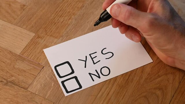 Blank voting card shows person casting yes vote. Public opinion supports an idea or notion. Standing in favour of the ballot subject under review