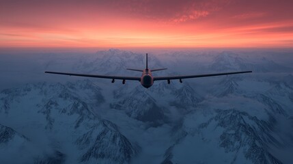 Airplane soaring above majestic mountain range at sunset, a breathtaking view of nature's splendor