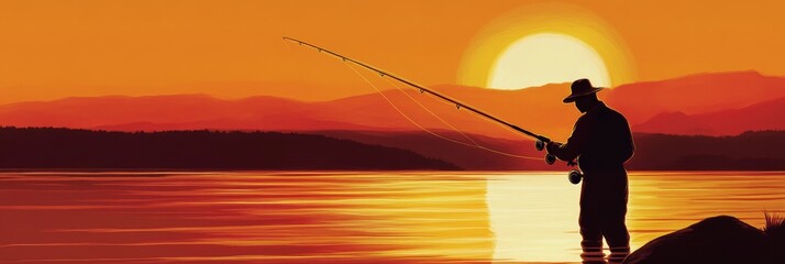 African American Man Fishing at Sunset - Serene sunset, lone fisherman, tranquility, nature, peace.  African American man enjoying peaceful evening fishing.