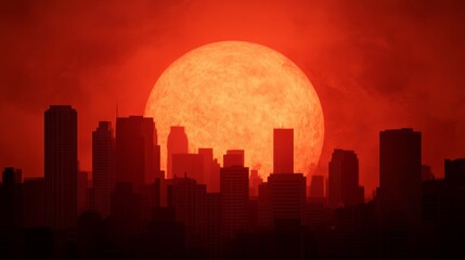 Obraz premium Vibrant red sun sets over a modern city skyline, painting the urban landscape with warm hues