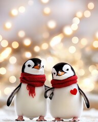 Fototapeta premium Two charming penguins in red scarves, one of whom holds a heart-shaped keychain, stand on a snowy background with a warm side. A cute and quirky winter theme. 