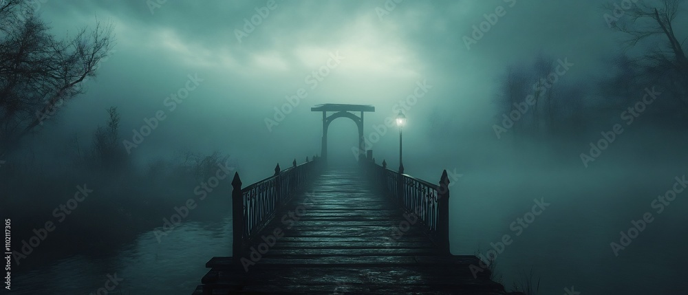 Fototapete ethereal and suspenseful crossing point in a desolate and atmospheric landscape where time seems to 