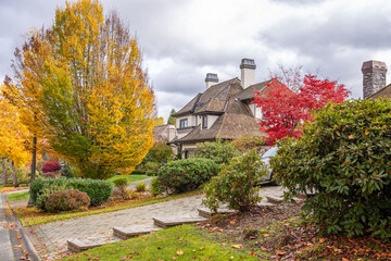 Obraz premium Two story stucco luxury house with garage door, big tree and nice Fall foliage landscape in Vancouver, Canada, North America. Day time on November 2024.