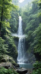 Fototapeta premium A majestic waterfall cascading through the forest in the Bilecik mountains, forest, waterfall, nature, mountains