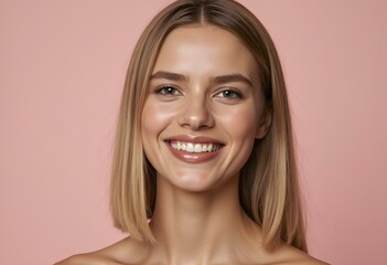 Fototapeta premium Pretty smiling joyfully female with fair hair, dressed casually, looking with satisfaction