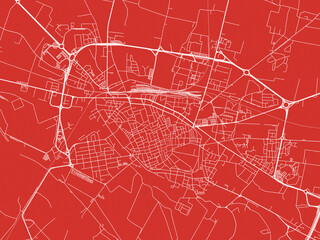 Christmas Map of Cremona, Italy in Snowy White on Festive Red Background.