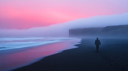Fototapeta premium A lone figure walking along a serene black sand beach under a pastel-colored twilight sky