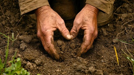 Farmerâ€™s hands cupping soil in a rural field, symbolizing a connection to nature and agriculture