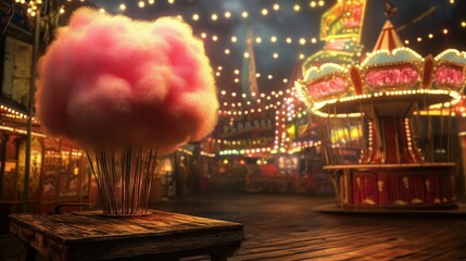 Obraz premium Carnival Cotton Candy Dreams - A giant cotton candy sits on a table at a nighttime carnival, symbolizing joy, sweetness, wonder, nostalgia, and fun.