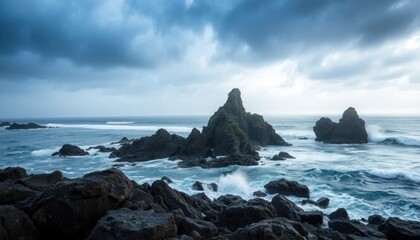 Dramatic ocean landscape with rocky outcrops and stormy sky.