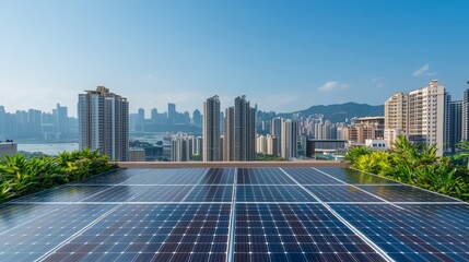 photovoltaic panels or solar panels on the roof of an apartment building in a tropical climate with a modern city skyline in background, with clear blue sky, green plants, sustainable energy concept