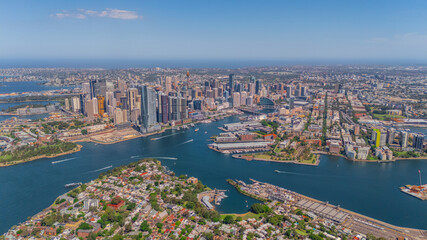 Aerial View of Sydney Harbour Balmain Darling harbour Sydney CBD cockle Bay Wharf North Sydney harbour bridge Lavender Bay Milsons Point Manly on a warm summer day blue skies 