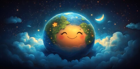 Smiling Earth Asleep in Night Clouds and Stars